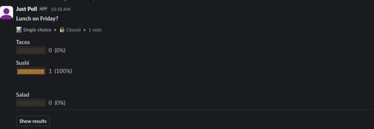 A closed Slack poll with a Closed badge and the winning option highlighted