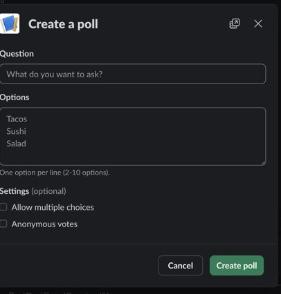 The Create a poll form in Slack with question, options, and multi-select and anonymous toggles