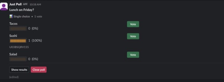 A live Slack poll showing vote bars and percentages updating after a vote